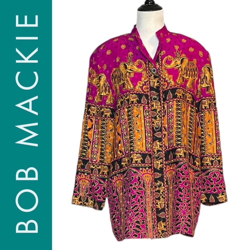 BOB MACKIE VINTAGE WEARABLE ART SILK ELEPHANT PRINT SHIRT JACKET